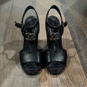 CHANEL Black Wedge Sandals with Gold Accents